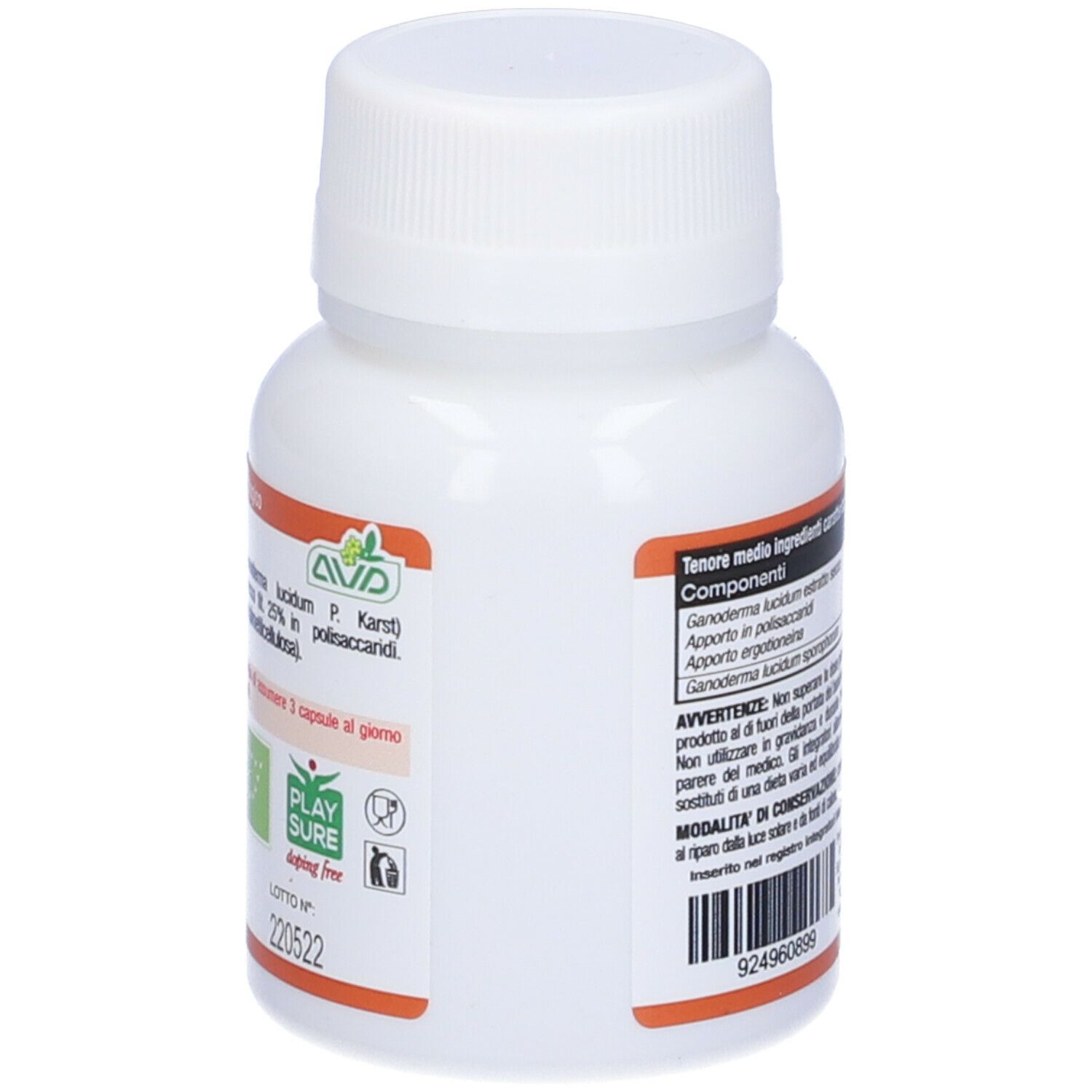 Flacon blanc de gélules. Inscription : AVD, Play Sure, sans gluten. Accents orange. Certification bio.