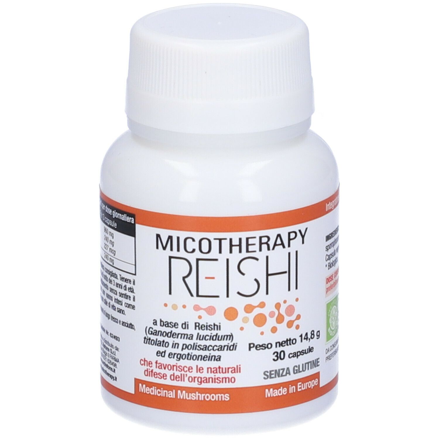 Flacon blanc de gélules. Inscription : Micotherapy Reishi, 30 gélules, sans gluten. Accents orange. Label bio.