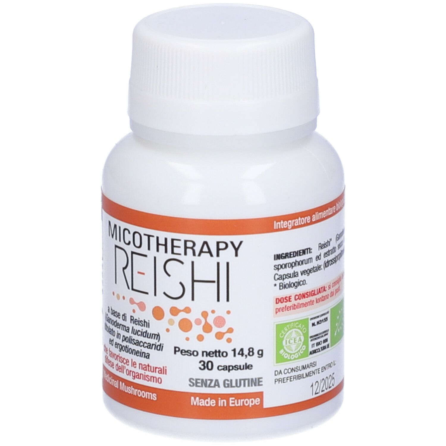 Flacon blanc de gélules. Inscription : Micotherapy Reishi, 30 gélules, sans gluten. Accents orange. Label bio.