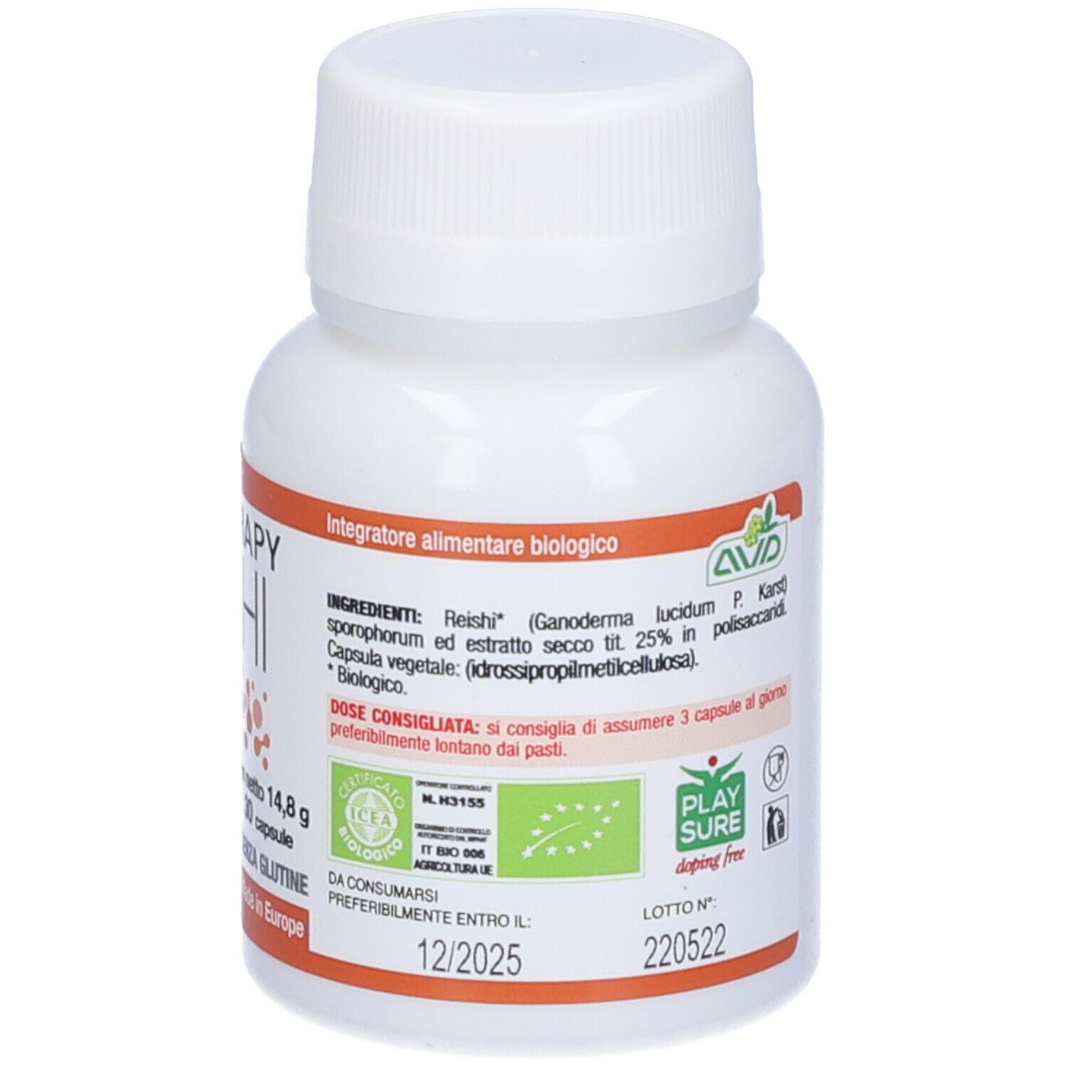 Flacon blanc de gélules. Inscription : Micotherapy Reishi, 30 gélules, sans gluten. Accents orange. Label bio.