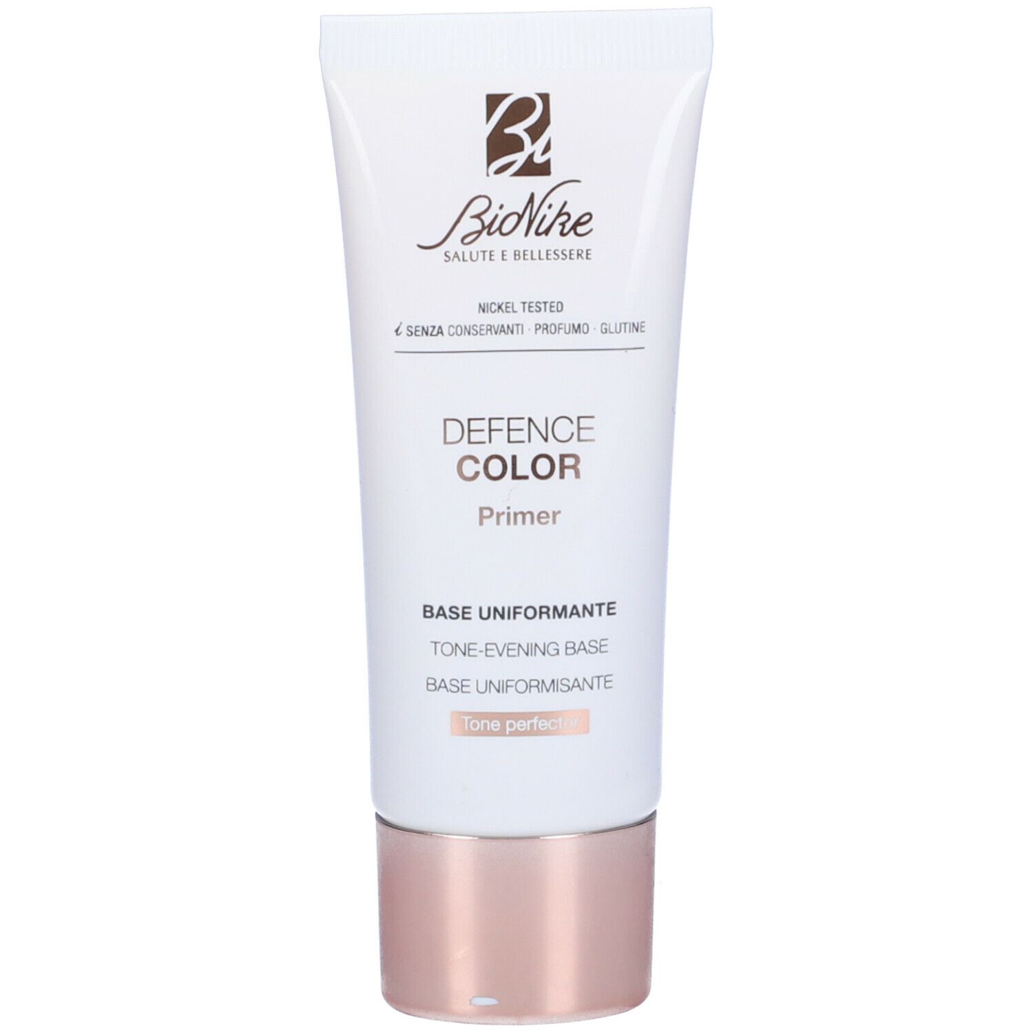 Tube blanc avec base rose. Inscription : Bionike, Defence Color Primer. Texte en italien.
