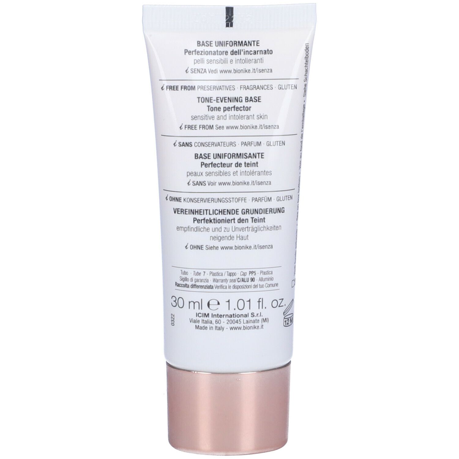 Dos d'un tube blanc. Texte en italien. Inscription : 30 ml, 1.01 fl. oz.