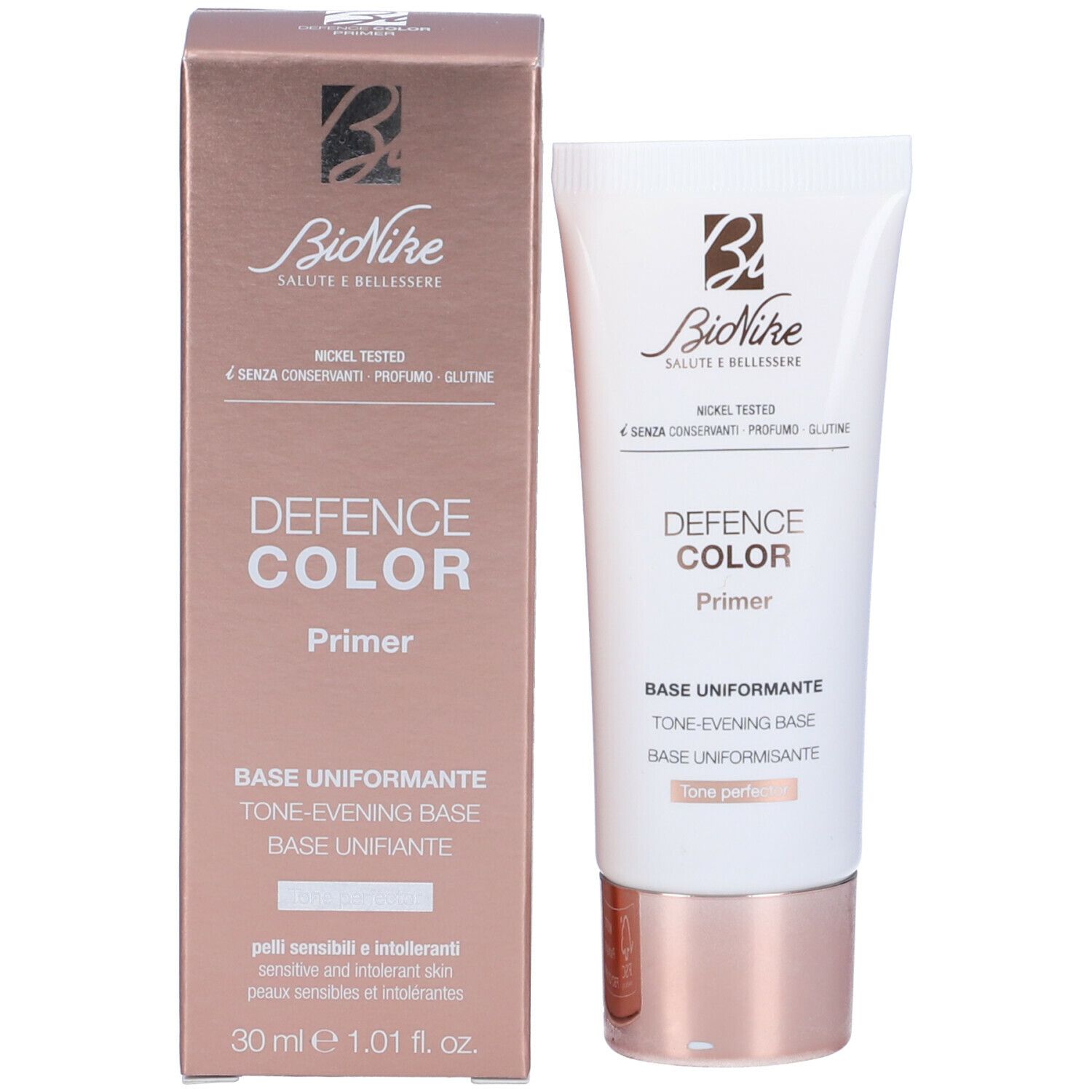 Emballage et tube du produit. Inscription : Bionike, Defence Color Primer. Texte en italien. 30 ml.