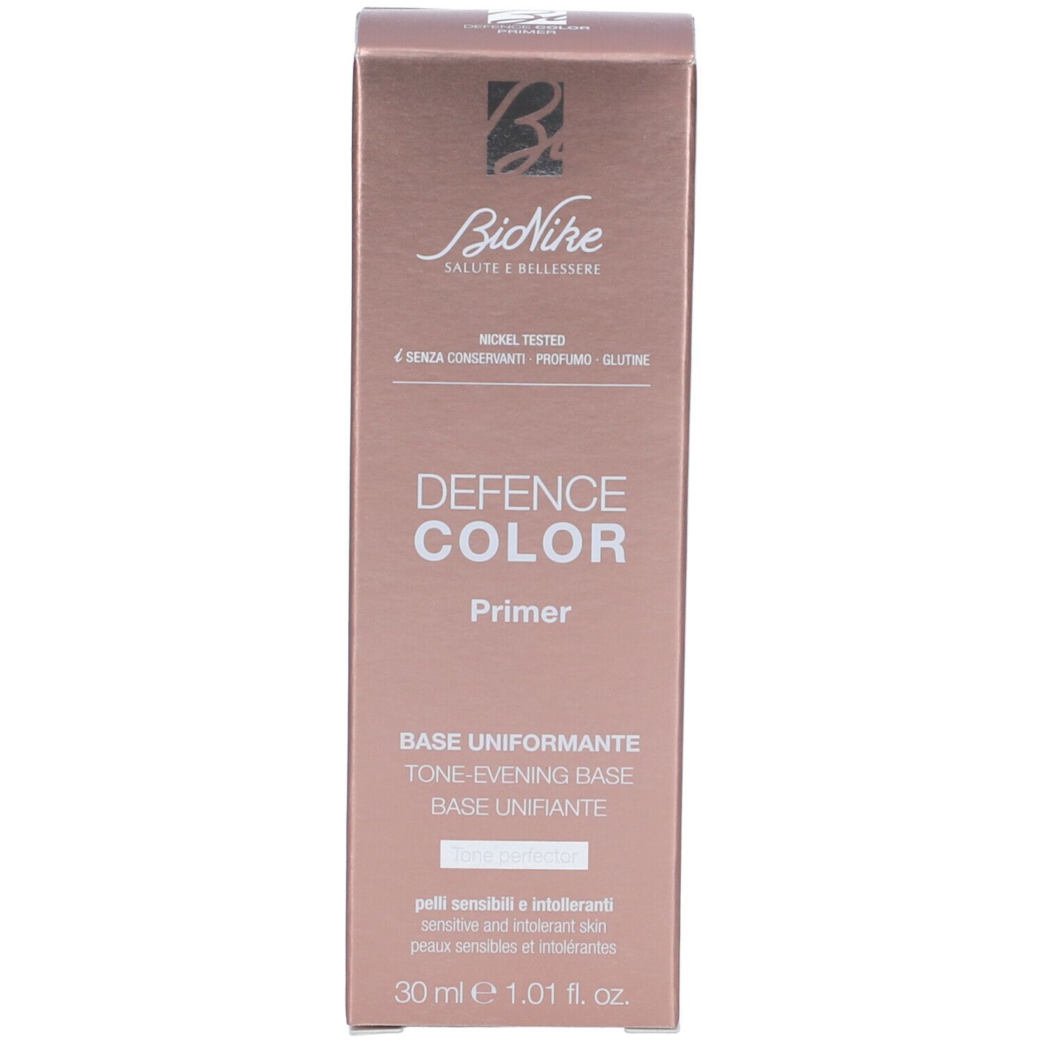Emballage du produit. Inscription : Bionike, Defence Color Primer. Texte en italien. 30 ml.