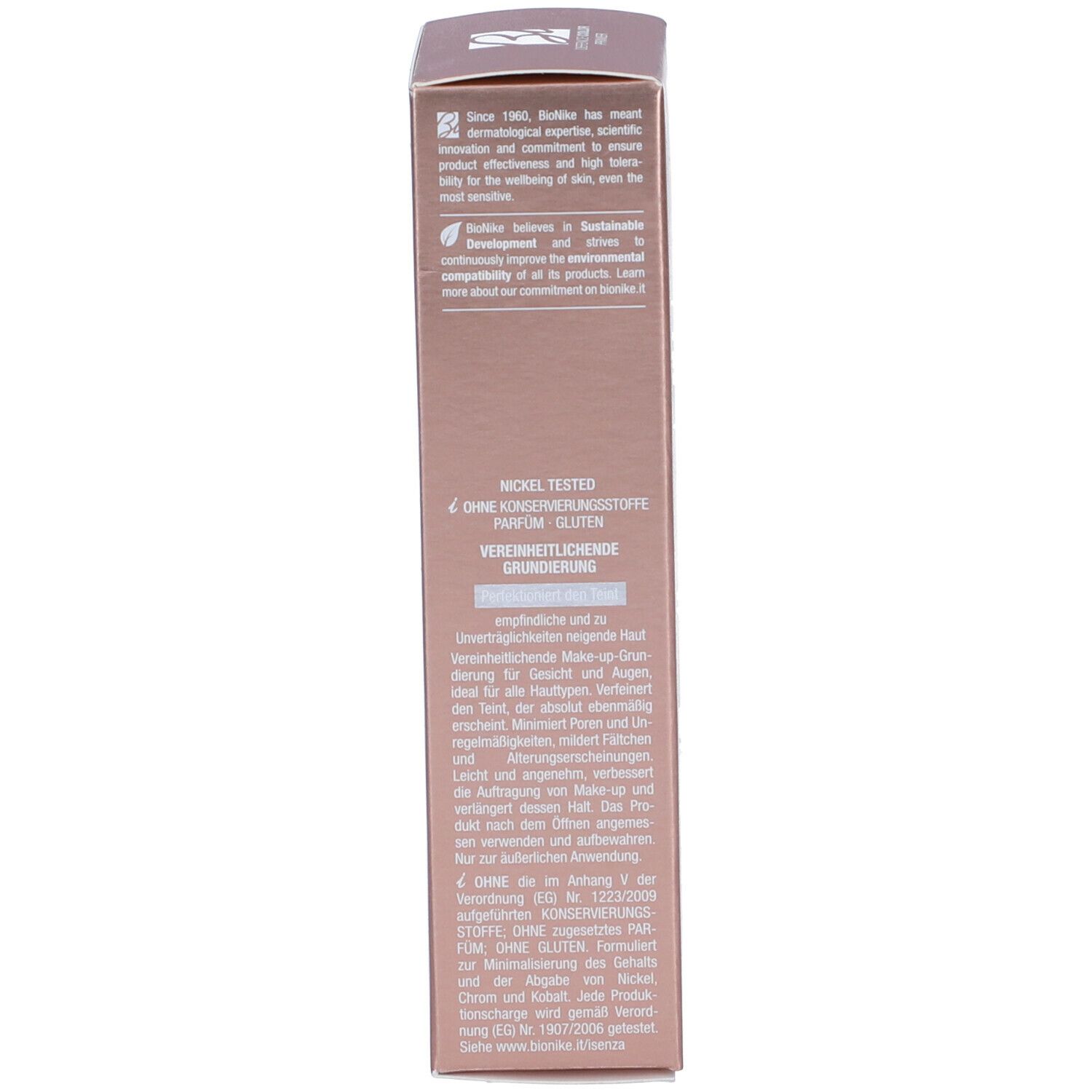 Côté de l'emballage du produit. Texte en italien. Inscription : Nickel Tested, sans conservateurs, parfum, gluten.