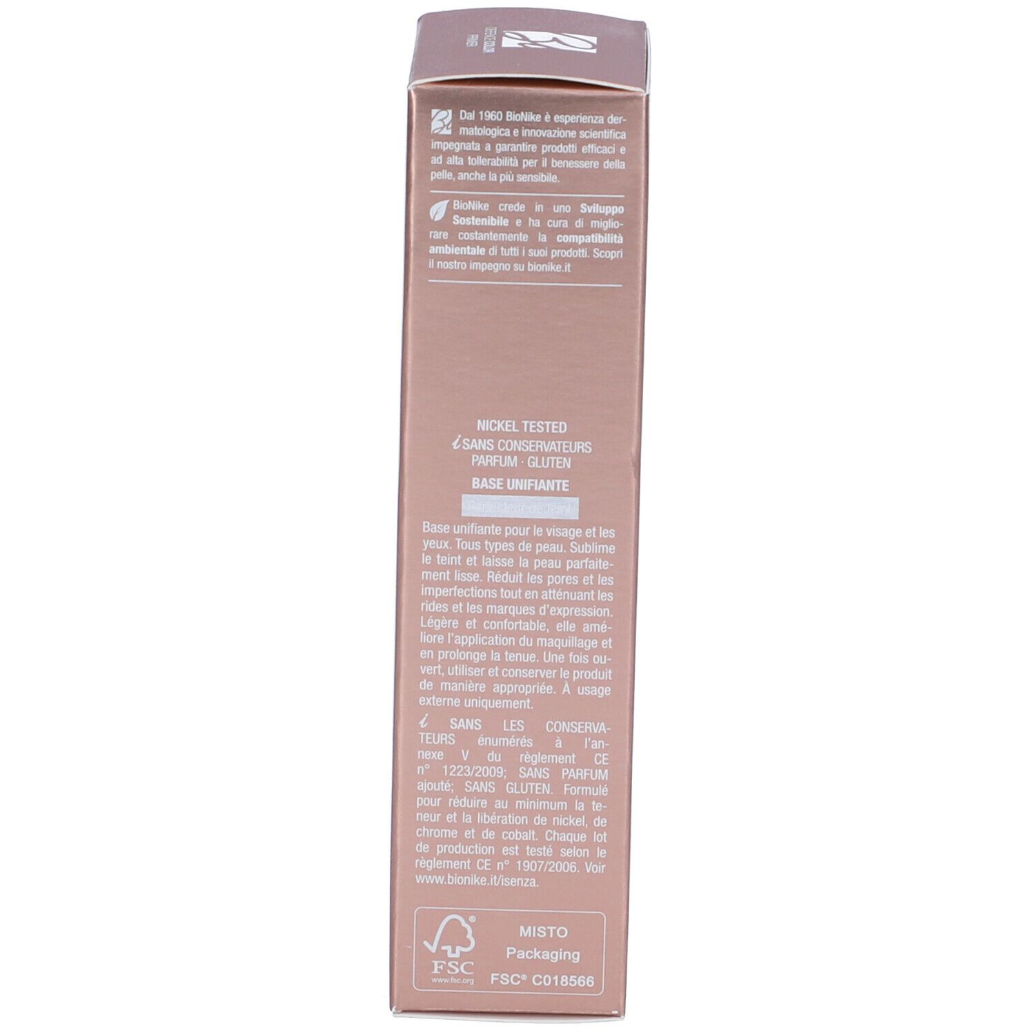 Côté de l'emballage du produit. Texte en italien. Logo FSC. Inscription : Nickel Tested, sans conservateurs, parfum, gluten.