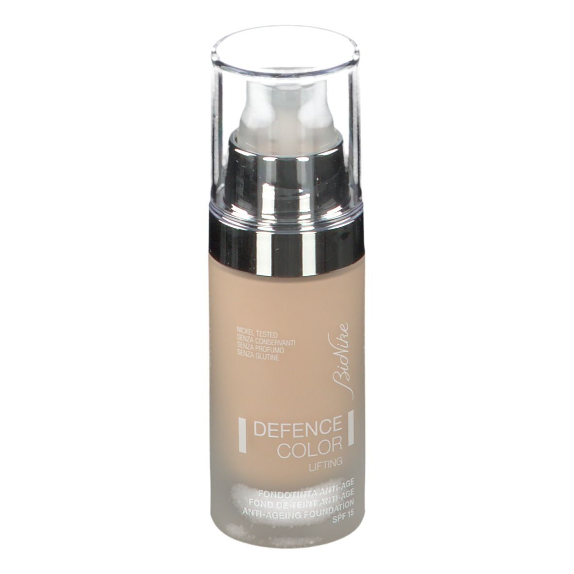 Beige Foundation-Flakon mit silbernem Pumpkopf. Beschriftung: DEFENCE COLOR LIFTING, I, SPF 15. Marke: BioNike.
