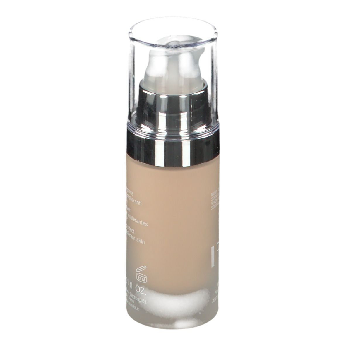 Beige Foundation-Flakon mit silbernem Pumpkopf. Beschriftung: DEFENCE COLOR LIFTING, I, SPF 15. Marke: BioNike.