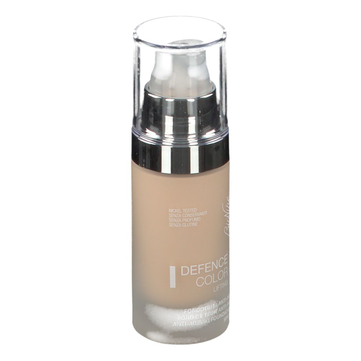 Beige Foundation-Flakon mit silbernem Pumpkopf. Beschriftung: DEFENCE COLOR LIFTING, I, SPF 15. Marke: BioNike.