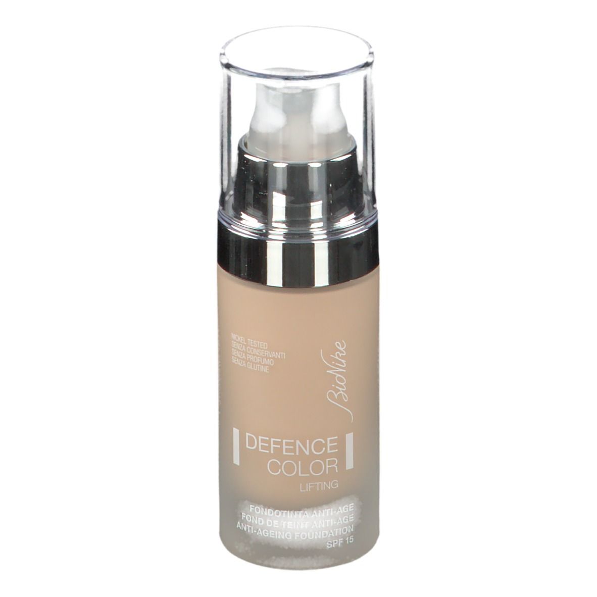 Beige Foundation-Flakon mit silbernem Pumpkopf. Beschriftung: DEFENCE COLOR LIFTING, I, SPF 15. Marke: BioNike.