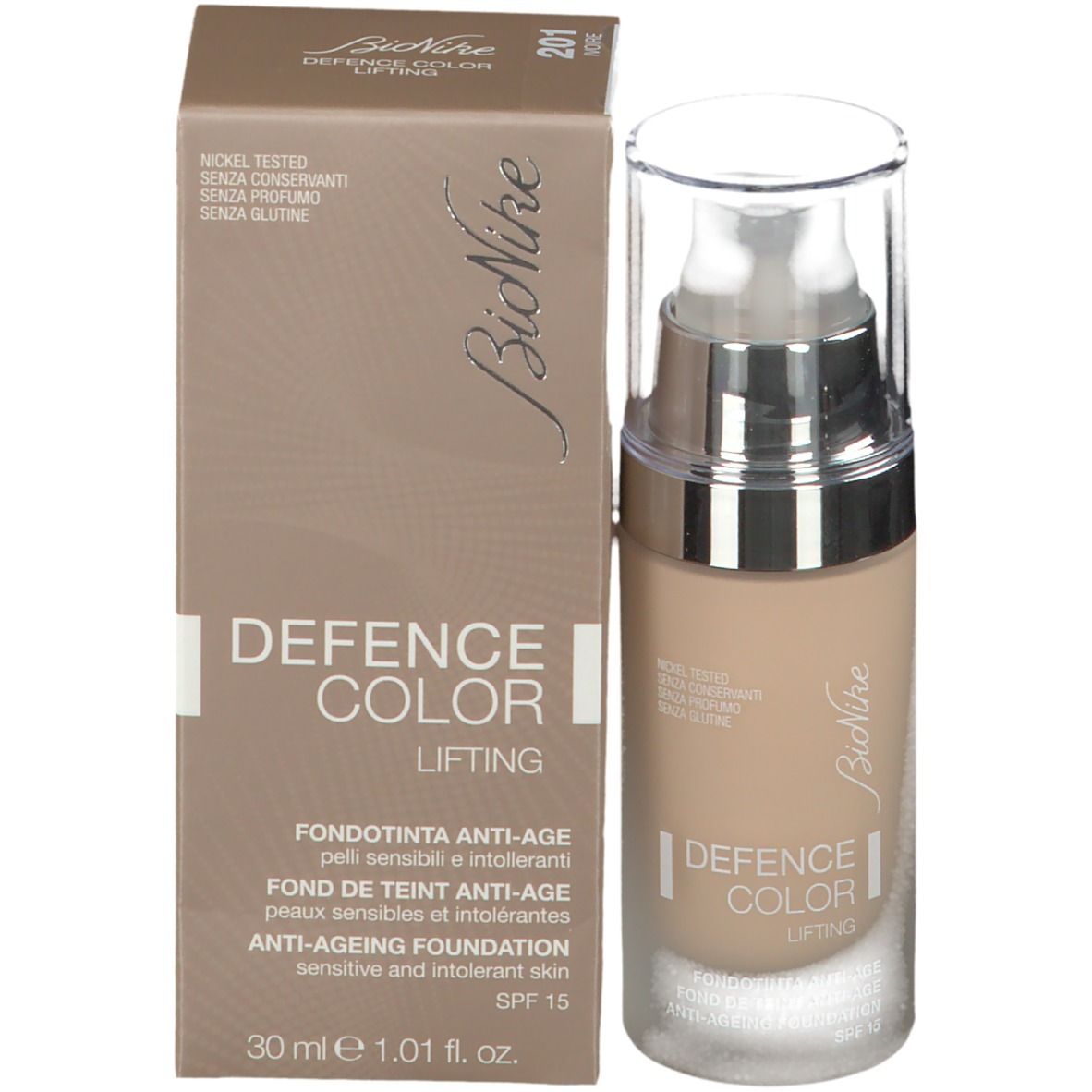 Foundation-Flakon und Verpackung. Aufschrift: DEFENCE COLOR LIFTING, Anti-Age Foundation, SPF 15, 30 ml. Marke: BioNike.