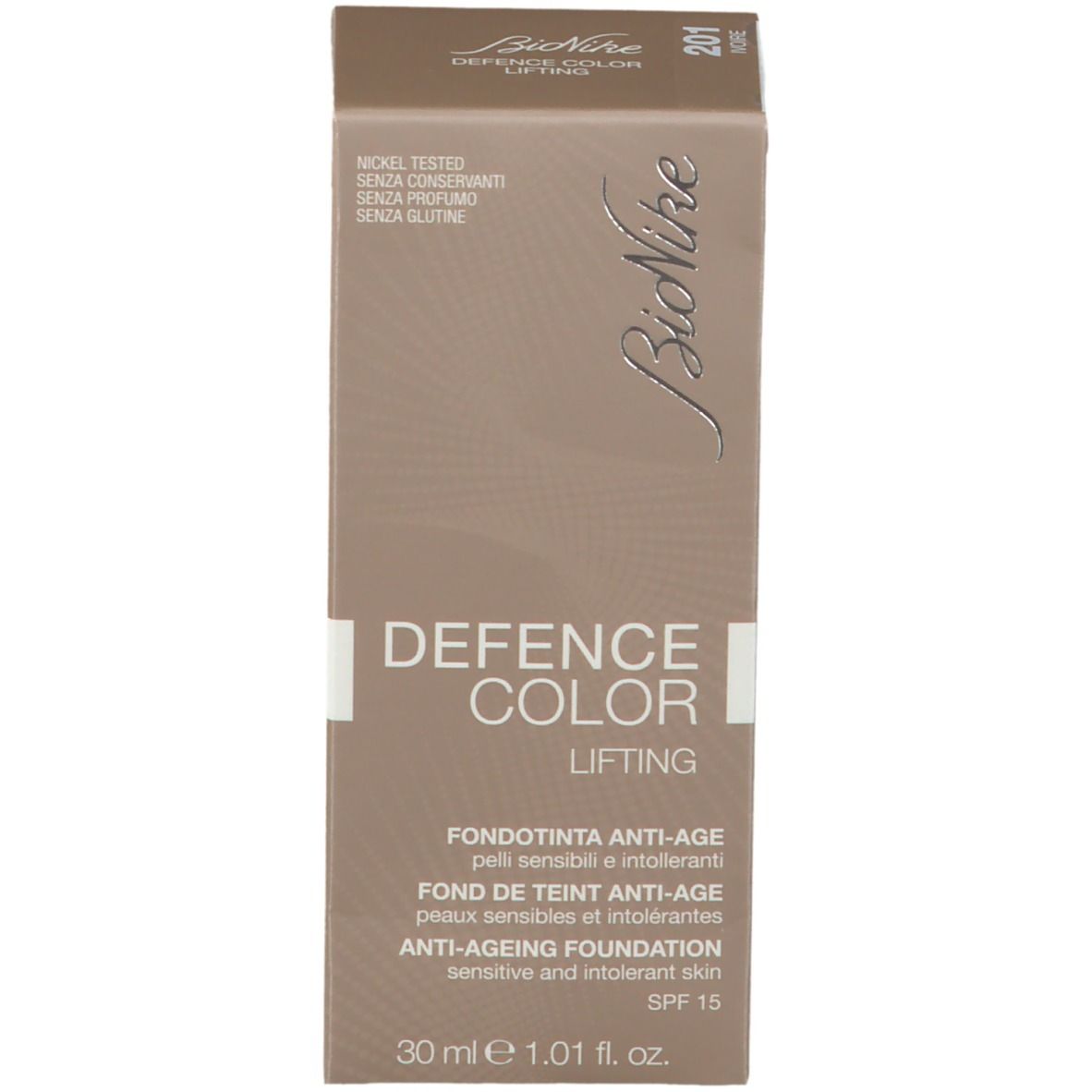 Verpackung. Aufschrift: DEFENCE COLOR LIFTING, Anti-Age Foundation, SPF 15, 30 ml. Marke: BioNike. Farbton: 201 Ivory.