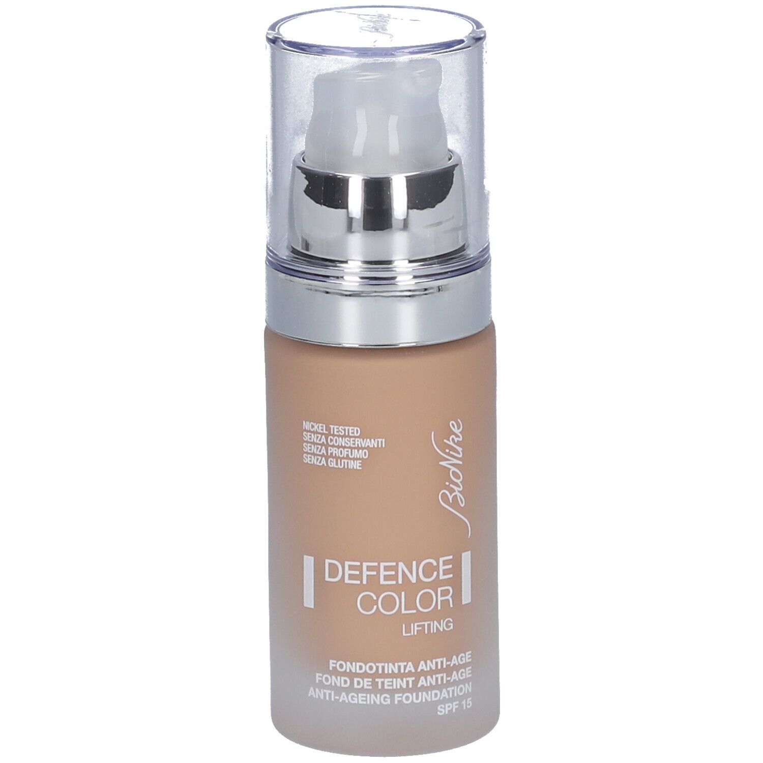BioNike Defence Color Lifting Foundation. Beige Farbton. Flasche mit Pumpverschluss. Aufschrift: Defence Color Lifting, Anti-Ageing Foundation.