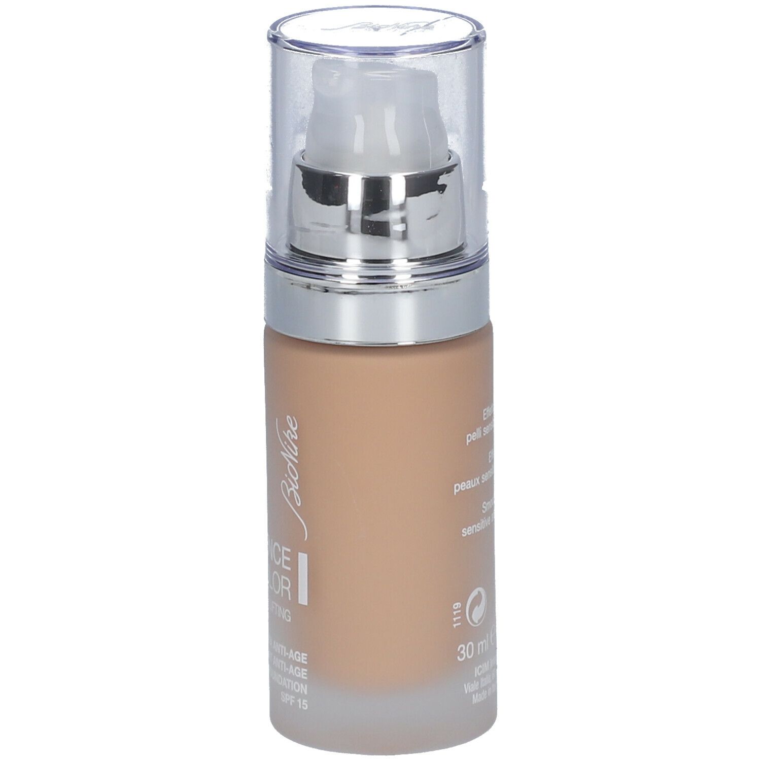 BioNike Defence Color Lifting Foundation. Beige Farbton. Flasche mit Pumpverschluss. Aufschrift: Defence Color Lifting, 30 ml.