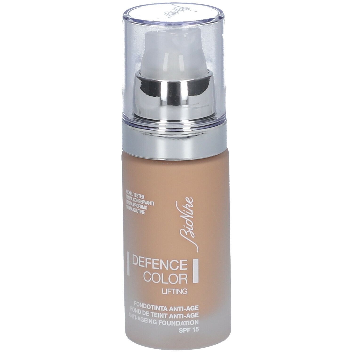 BioNike Defence Color Lifting Foundation. Beige Farbton. Flasche mit Pumpverschluss. Aufschrift: Defence Color Lifting, Anti-Ageing Foundation, SPF 15.
