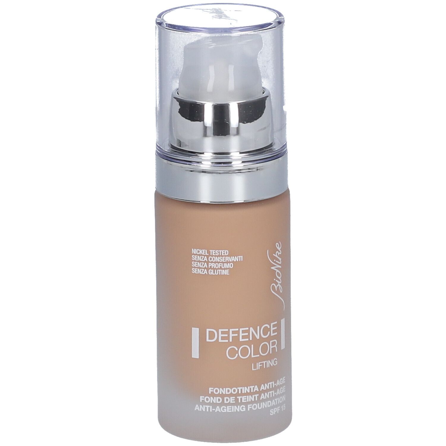 BioNike Defence Color Lifting Foundation. Beige Farbton. Flasche mit Pumpverschluss. Aufschrift: Defence Color Lifting, Anti-Ageing Foundation, SPF 15.