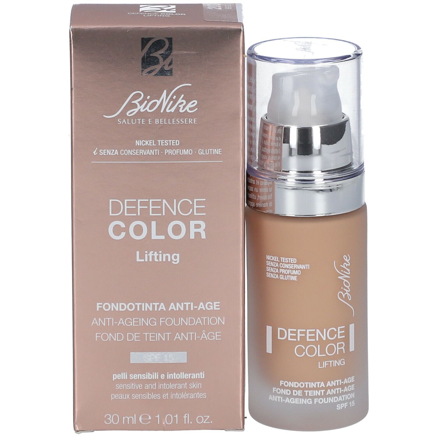 BioNike Defence Color Lifting Foundation. Beige Farbton. Flasche und Verpackung. Aufschrift: Defence Color Lifting, Anti-Ageing Foundation, 30 ml.