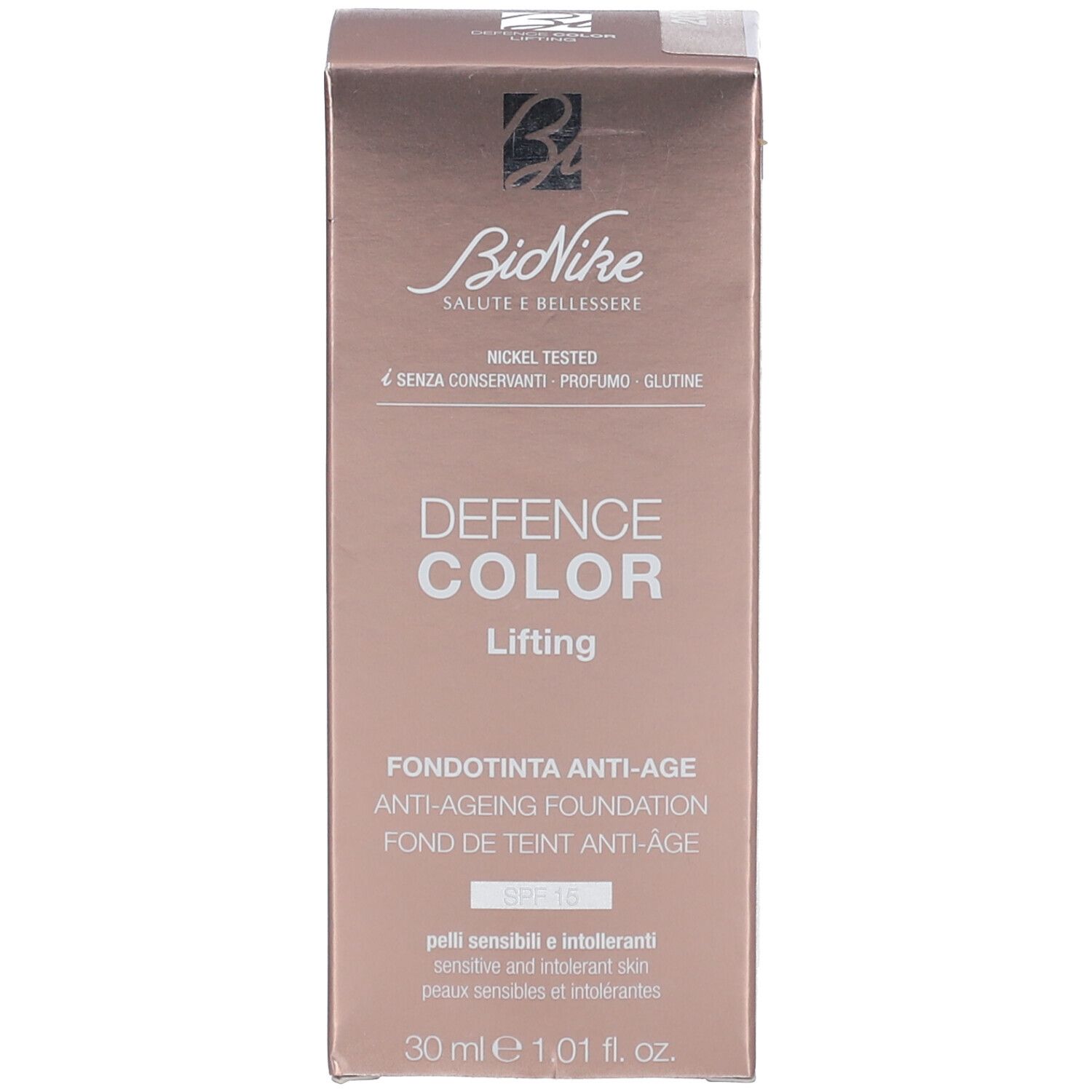 Verpackung von BioNike Defence Color Lifting Foundation. Aufschrift: Defence Color Lifting, Anti-Ageing Foundation, 30 ml, 1.01 fl. oz.