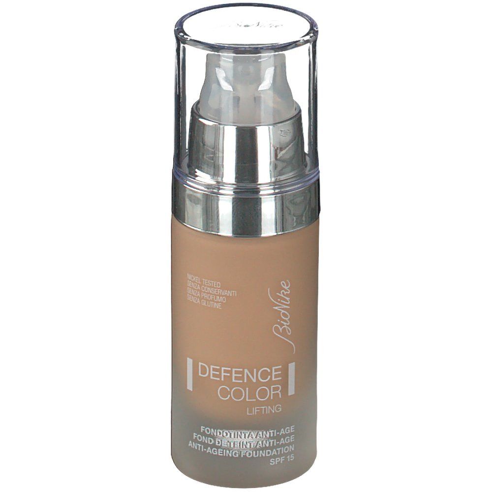 Fond de teint lifting BioNike Defence Color, beige. Flacon en verre avec pompe. SPF 15.