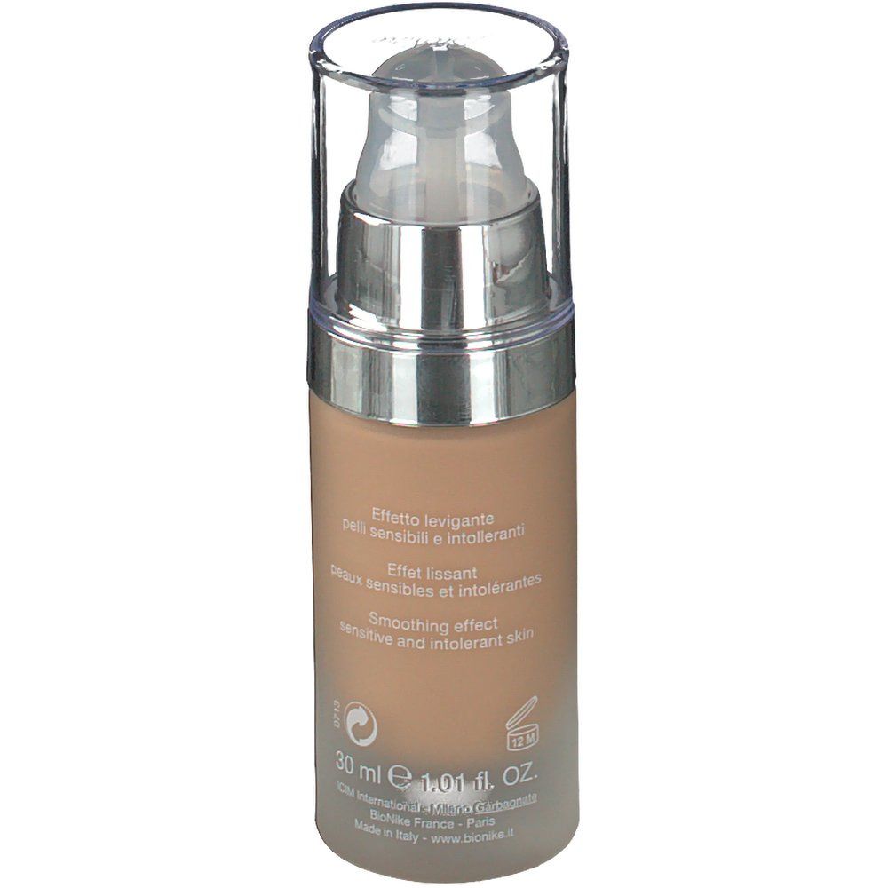 Dos du flacon de fond de teint BioNike. Texte: Effetto levigante, 30 ml, 1.01 fl. oz.