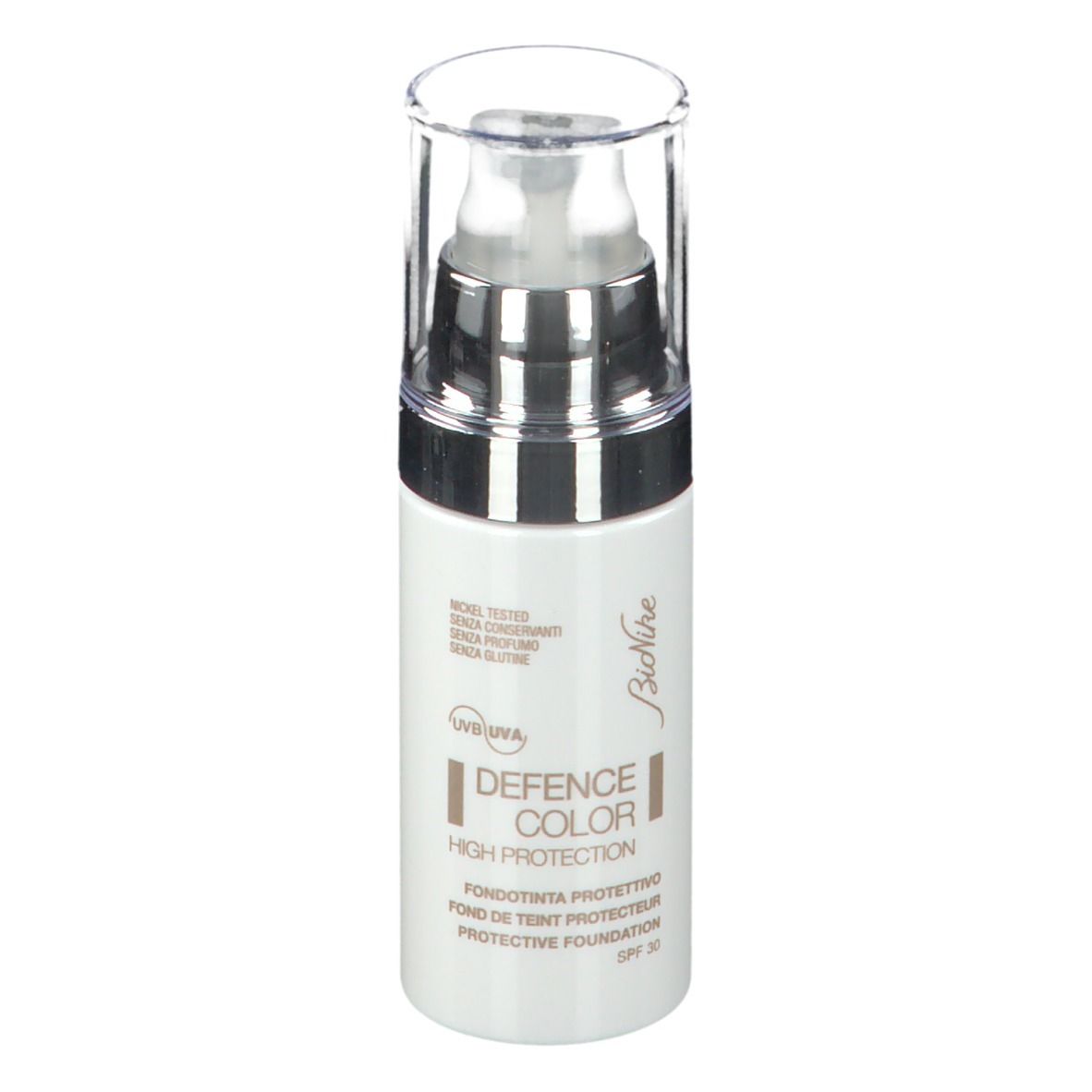 Weiße Flasche mit Pumpe. Aufschrift: DEFENCE COLOR, HIGH PROTECTION, Protective Foundation, SPF 30. Marke: BioNike.