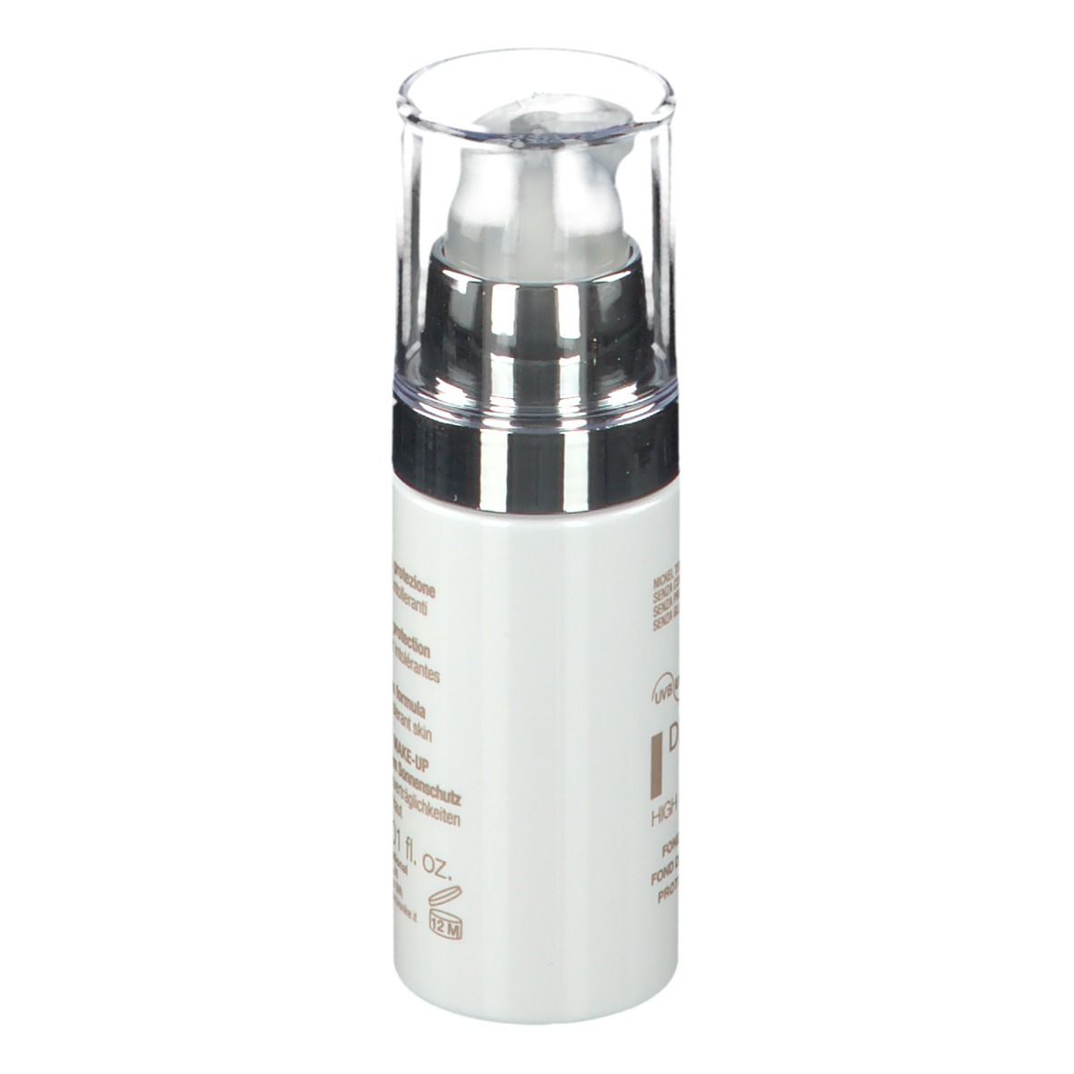 Weiße Flasche mit Pumpe. Aufschrift: DEFENCE COLOR, Protective Foundation, SPF 30. Marke: BioNike. Rückseite mit Text.