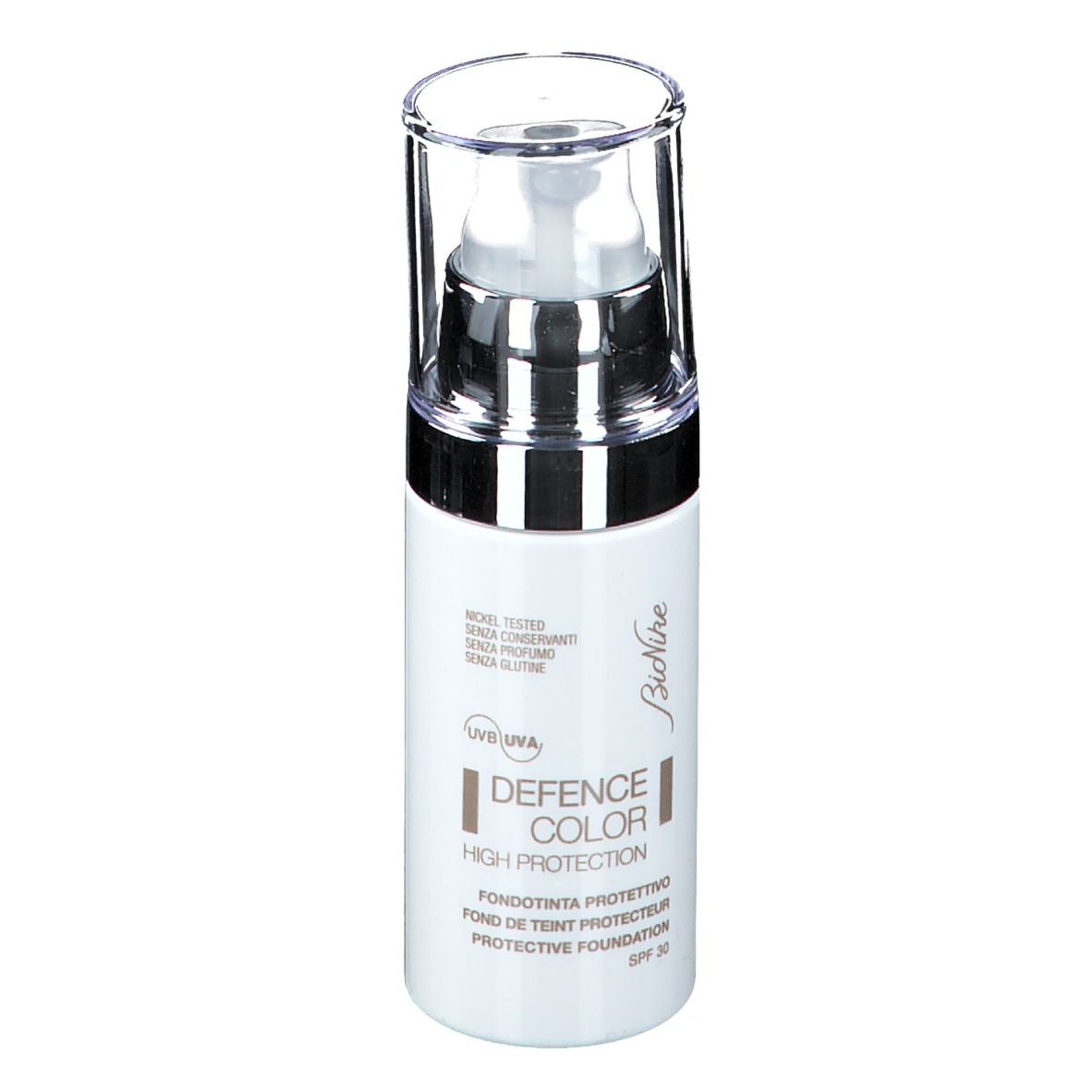 Flacon blanc avec pompe et bouchon transparent. Inscription: DEFENCE COLOR HIGH PROTECTION, SPF 30. Marque: BioNike.