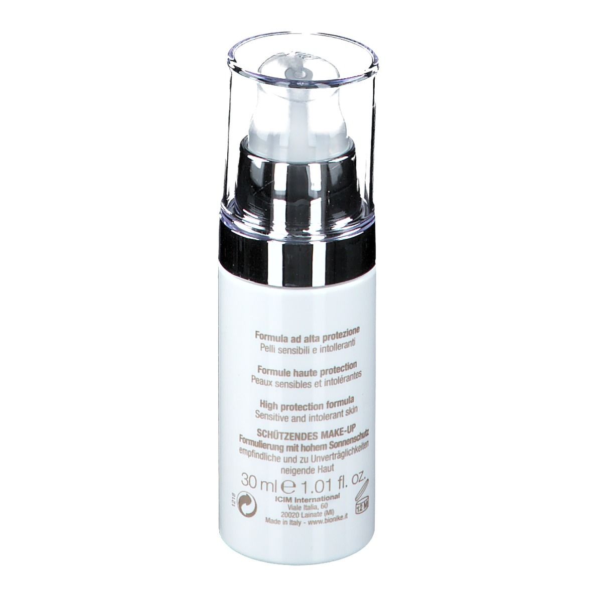 Flacon blanc avec pompe et bouchon transparent. Texte en italien et allemand. Volume: 30 ml.