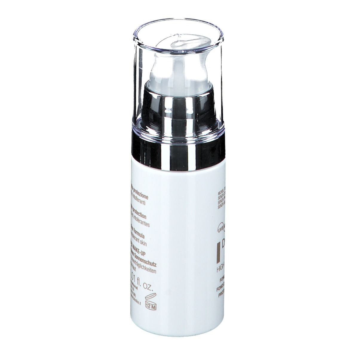 Flacon blanc avec pompe et bouchon transparent. Texte en italien. Volume: 30 ml.