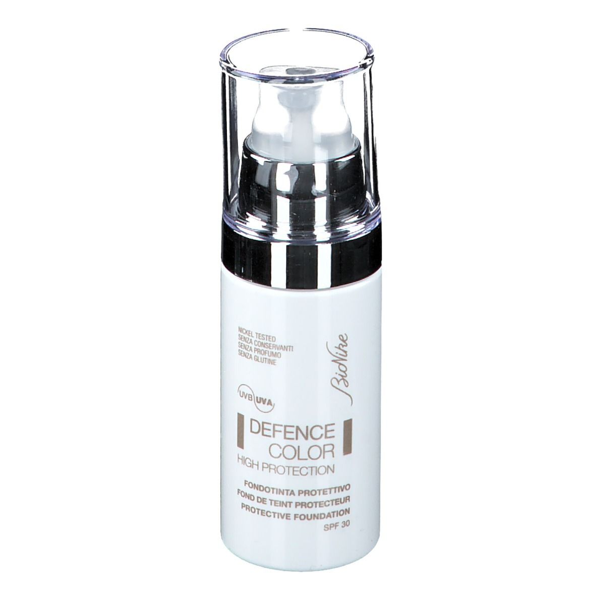 Flacon blanc avec pompe et bouchon transparent. Inscription: DEFENCE COLOR HIGH PROTECTION, SPF 30. Marque: BioNike.