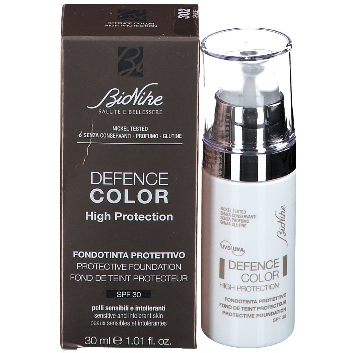 Produit et emballage. Flacon blanc avec pompe et boîte marron. Inscription: DEFENCE COLOR HIGH PROTECTION, SPF 30. Marque: BioNike.