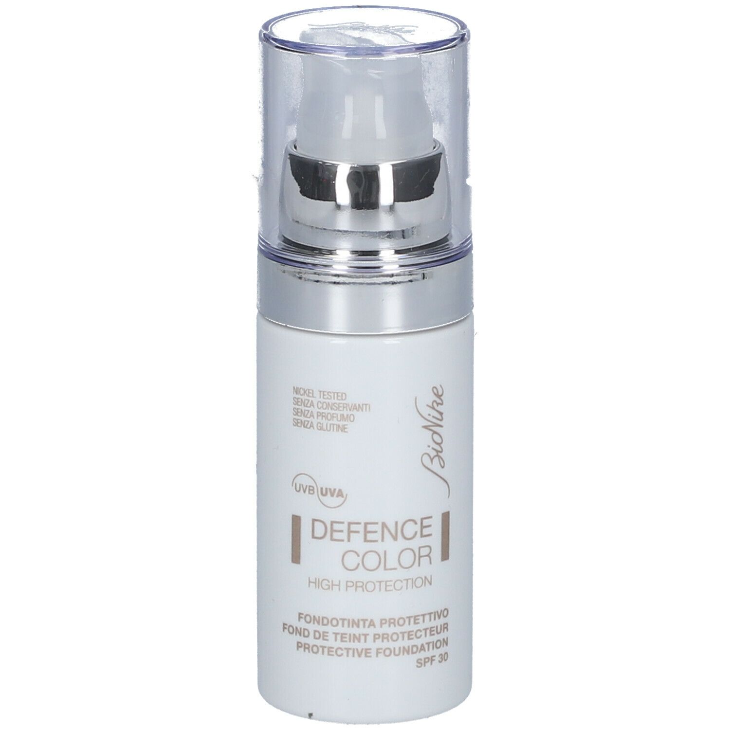 BioNike DEFENCE COLOR PRIMER. Weiße Flasche mit Pumpverschluss. Text: DEFENCE COLOR, High Protection, SPF 30.