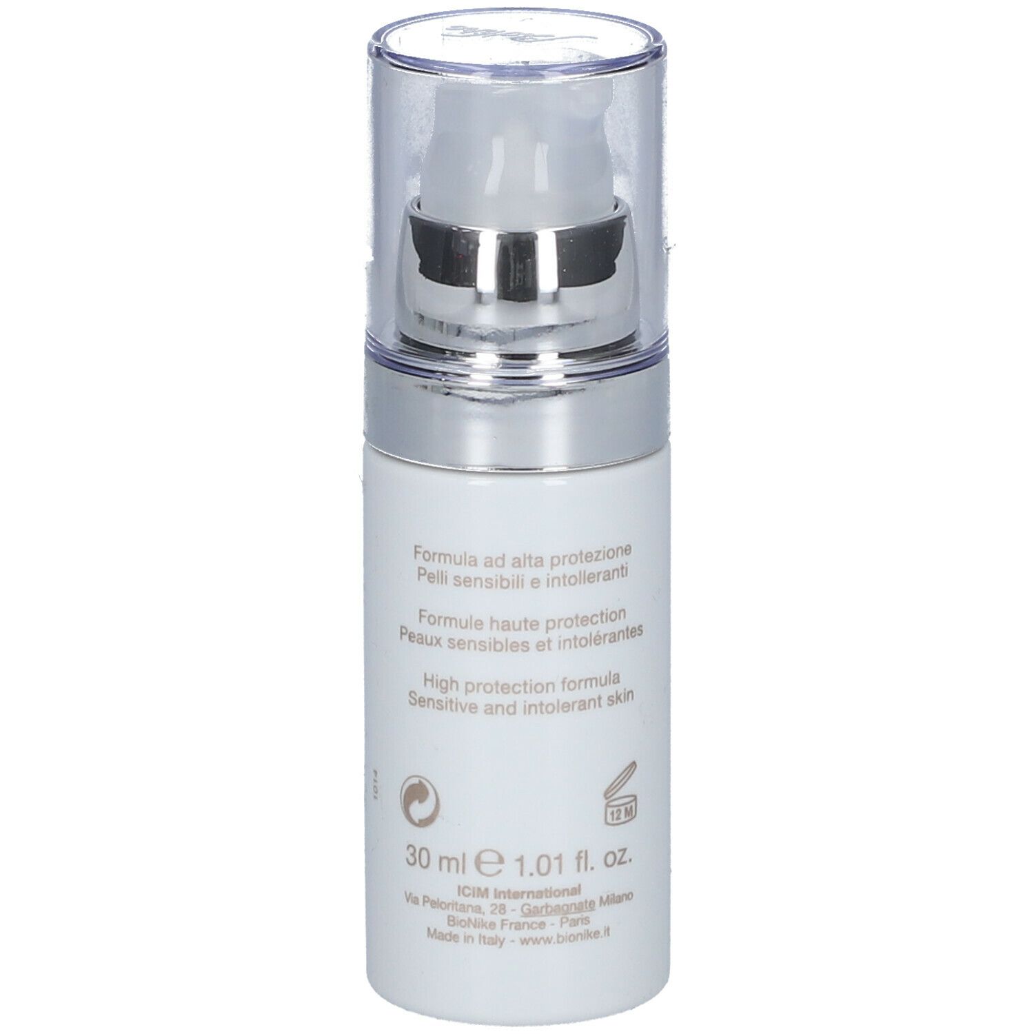 BioNike DEFENCE COLOR PRIMER. Weiße Flasche. Text: Formula ad alta protezione, 30 ml, 1.01 fl. oz.