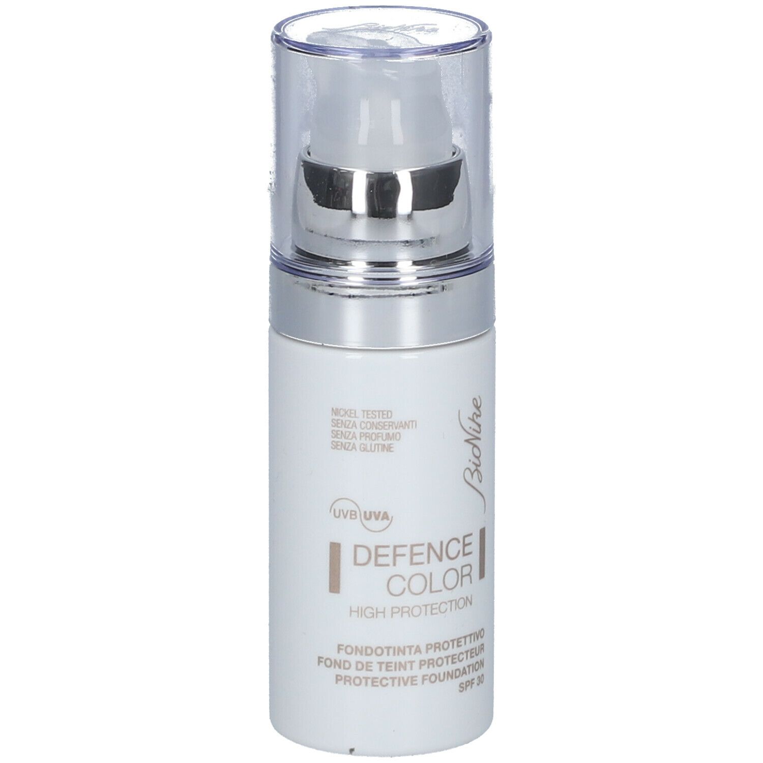 BioNike DEFENCE COLOR PRIMER. Weiße Flasche. Text: DEFENCE COLOR, High Protection, SPF 30.