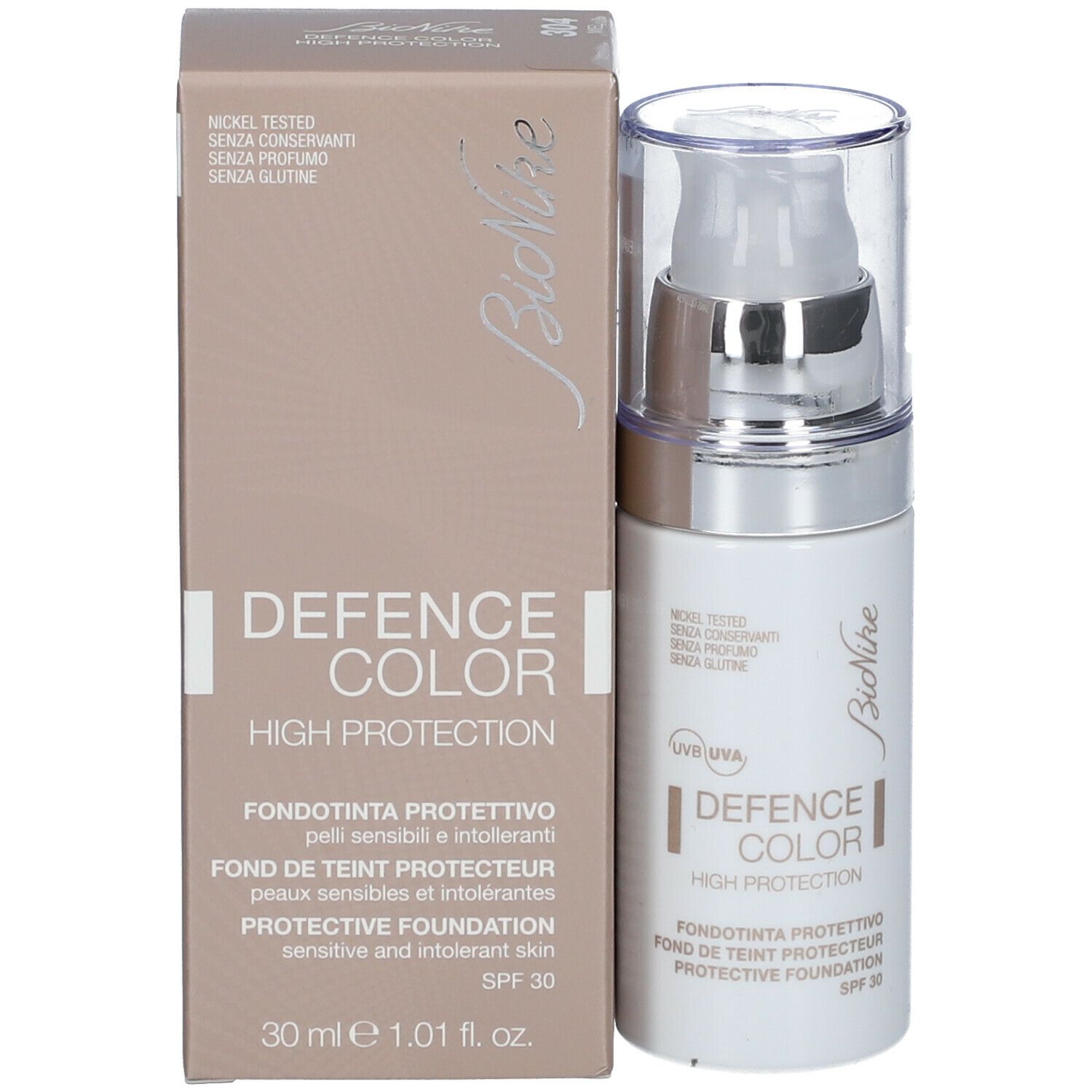 BioNike DEFENCE COLOR PRIMER und Verpackung. Text: DEFENCE COLOR, High Protection, SPF 30, 30 ml.