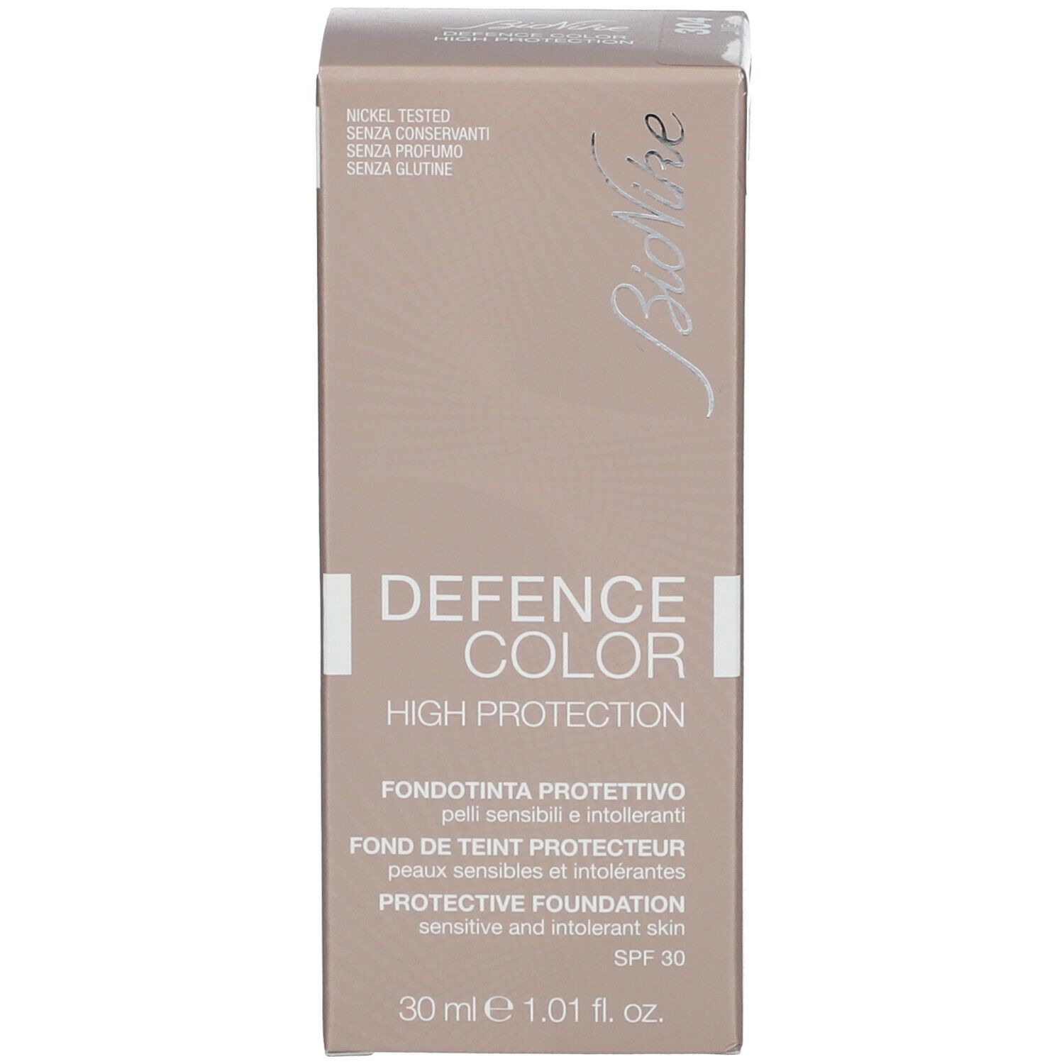 BioNike DEFENCE COLOR PRIMER Verpackung. Text: DEFENCE COLOR, High Protection, SPF 30, 30 ml.