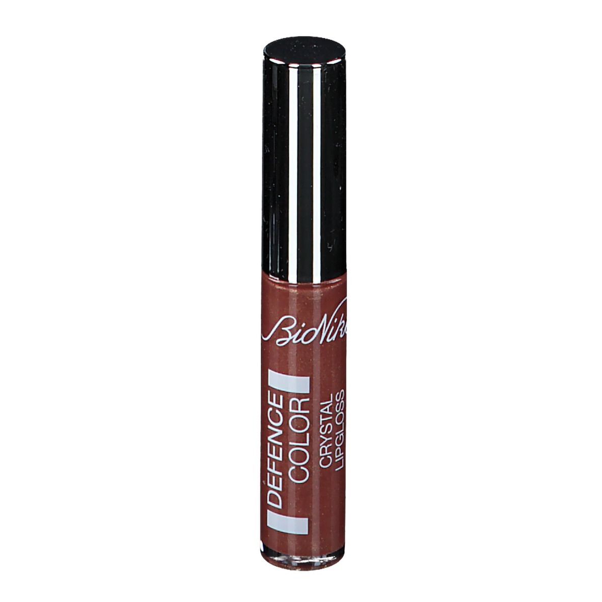Gloss à lèvres brun avec bouchon argenté. Inscription: DEFENCE COLOR CRYSTAL LIPGLOSS.