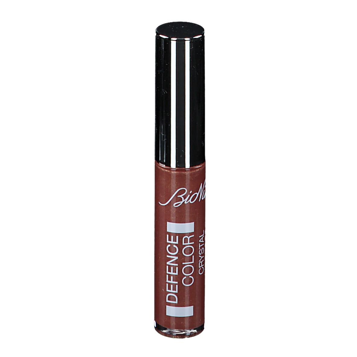 Gloss à lèvres brun avec bouchon argenté. Inscription: DEFENCE COLOR CRYSTAL LIPGLOSS.