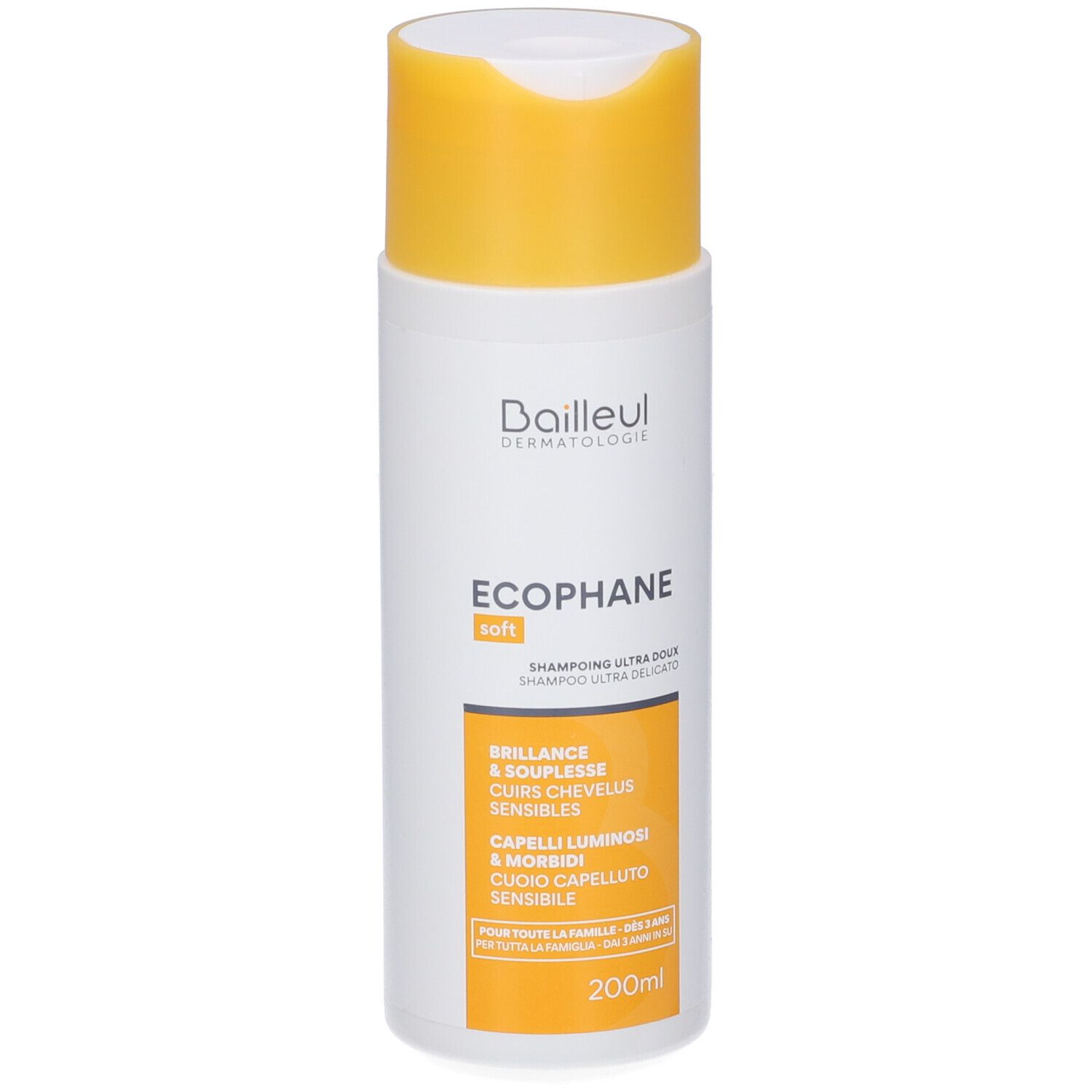 Weißer Flakon mit gelbem Klappdeckel, 200ml, Ecophane Soft Shampoo.