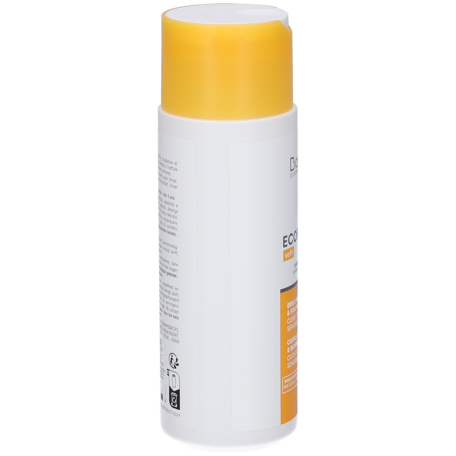 Weiße Flasche mit gelbem Schraubverschluss. Beschriftung: ECO SUN.