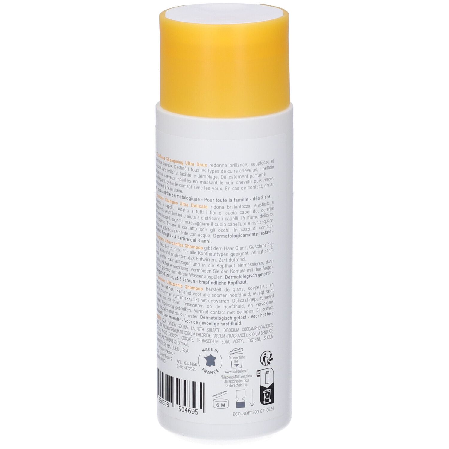 Flasche Ecophane Gentle Shampoo mit gelbem Klappdeckel. Rückseite mit Produktinformationen und Barcode.
