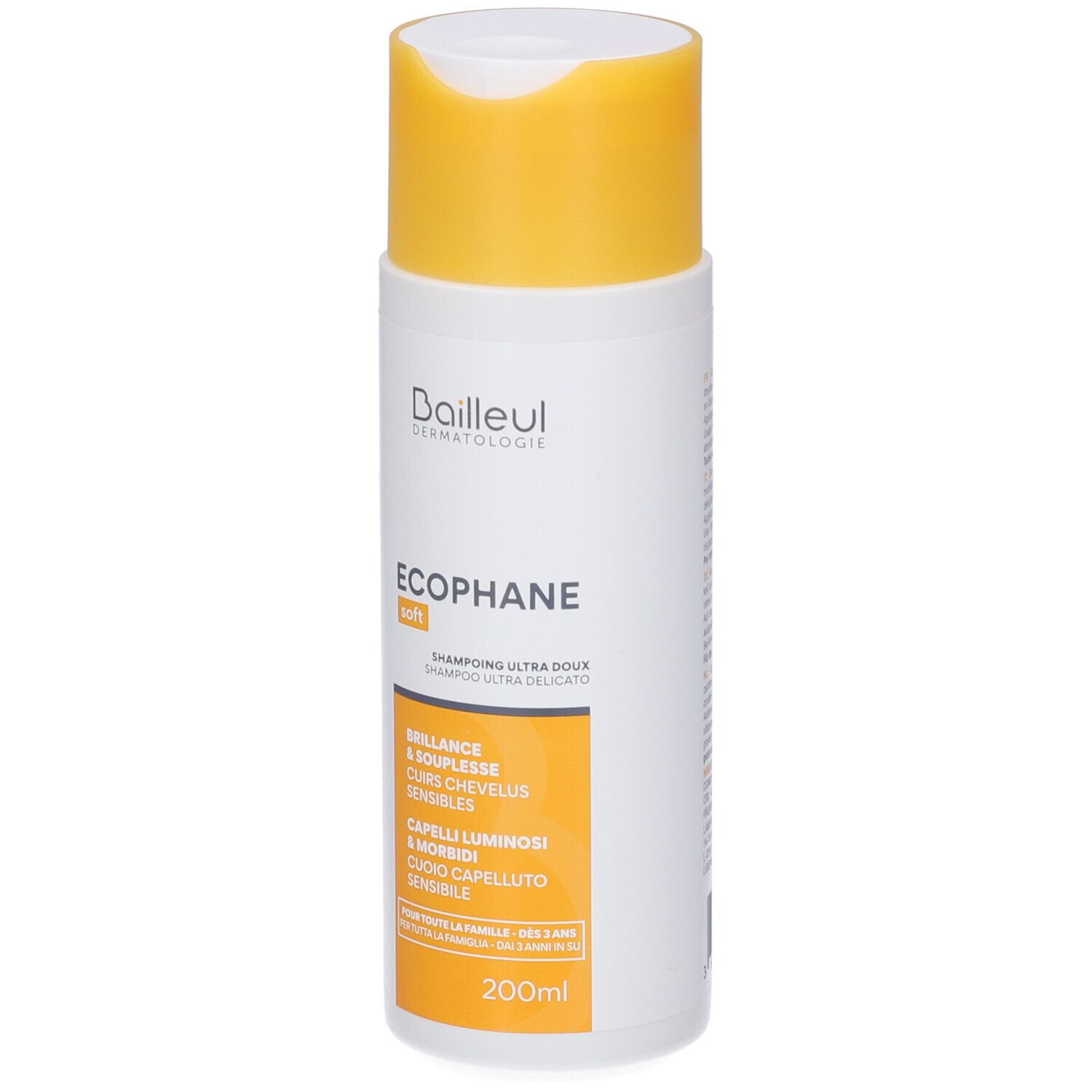 Weißer Flakon mit gelbem Klappdeckel, 200ml, Ecophane Shampoo für empfindliches Haar.