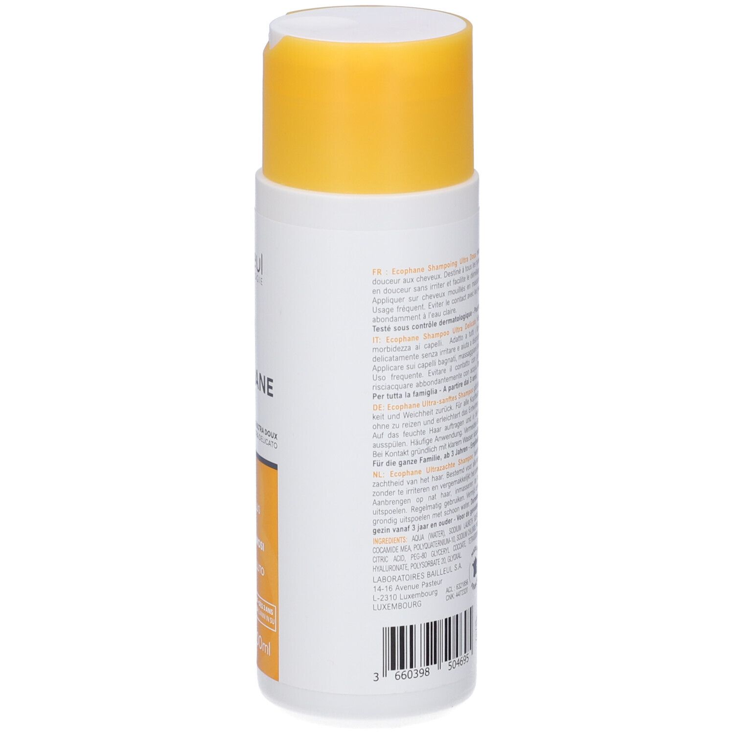 Flasche Ecophane Gentle Shampoo mit gelbem Klappdeckel. Seite mit Produktinformationen in mehreren Sprachen.