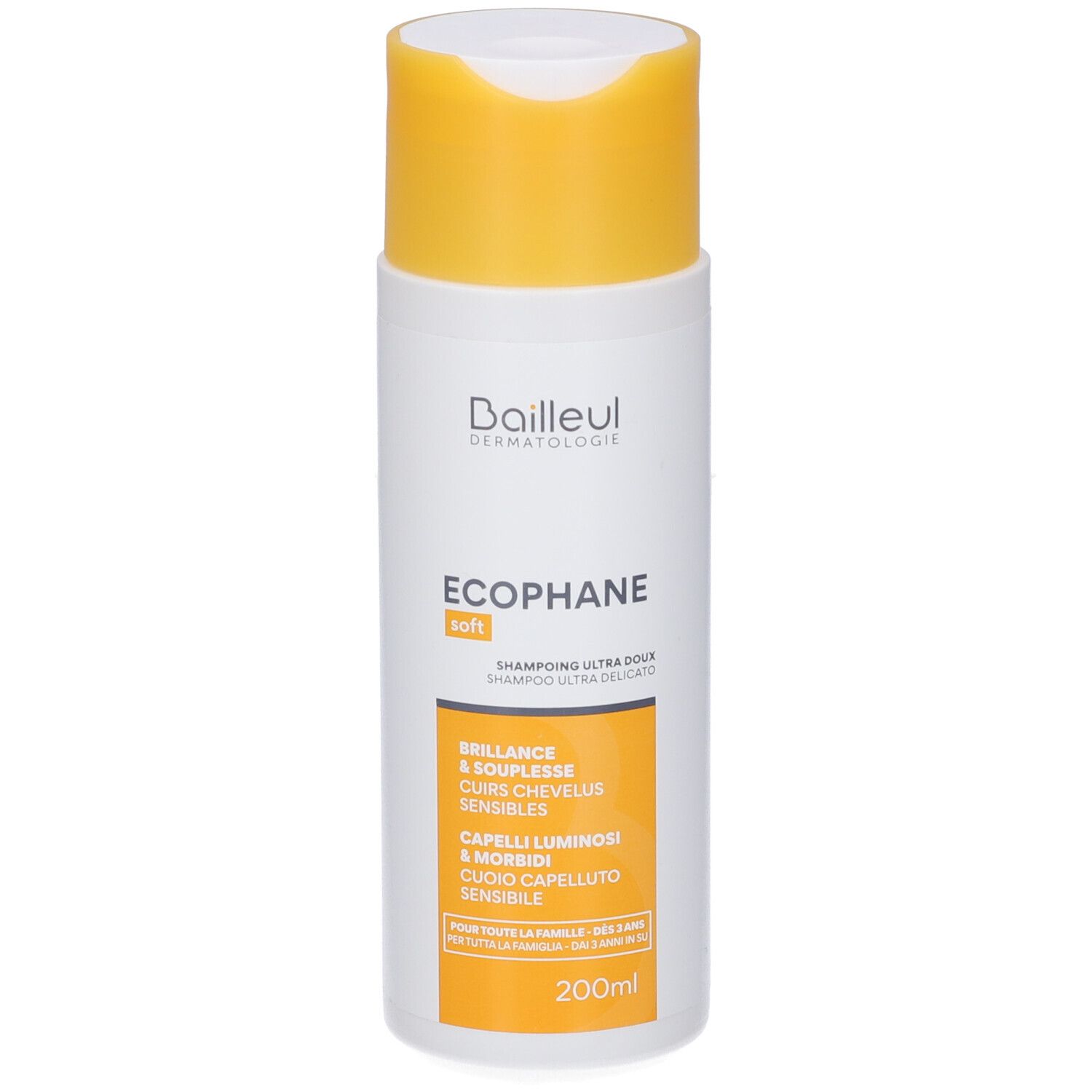 Flasche Ecophane Gentle Shampoo mit gelbem Klappdeckel. Vorderseite mit Produktnamen, 'soft' und 200ml Angabe.