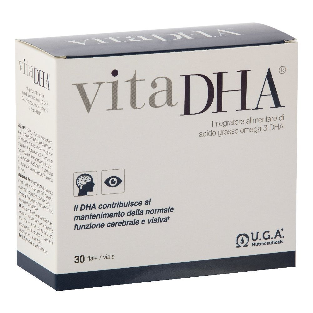 Boîte vitaDHA avec logo et texte. 30 flacons. Logo U.G.A. Nutraceuticals. Texte sur DHA et cerveau/yeux.