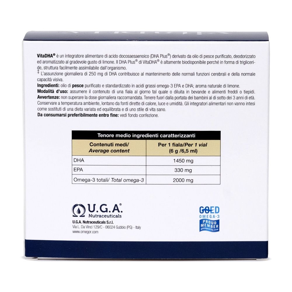 Rückseite der VitaDHA-Verpackung mit Nährwertangaben und Herstellerinformationen.