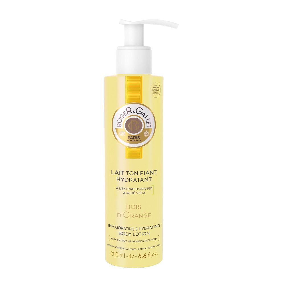 Flacon jaune avec pompe blanche. Inscription: Roger&Gallet, Lait Tonifiant Hydratant, Bois d'Orange. 200 ml.