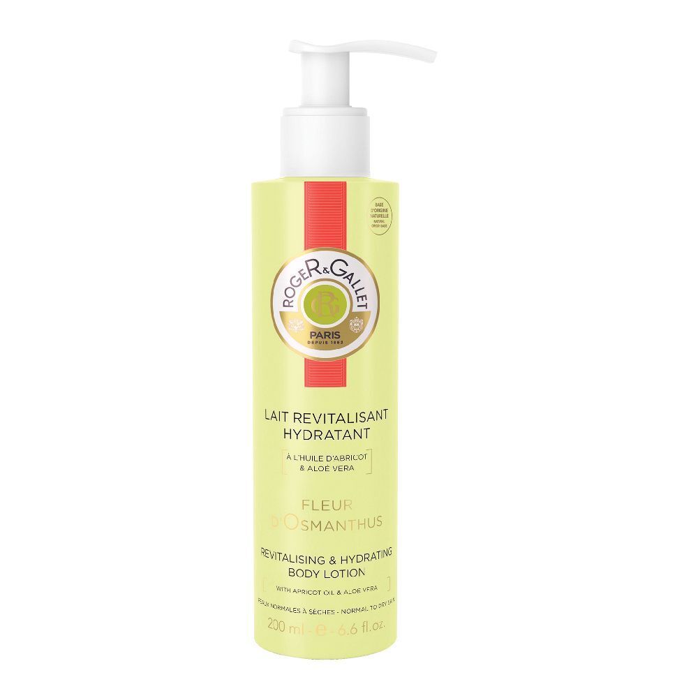 Körperlotion mit Spender. Aufschrift: Roger&Gallet, Fleur d'Osmanthus. Revitalisierend & feuchtigkeitsspendend. Mit Aprikosenöl & Aloe Vera.