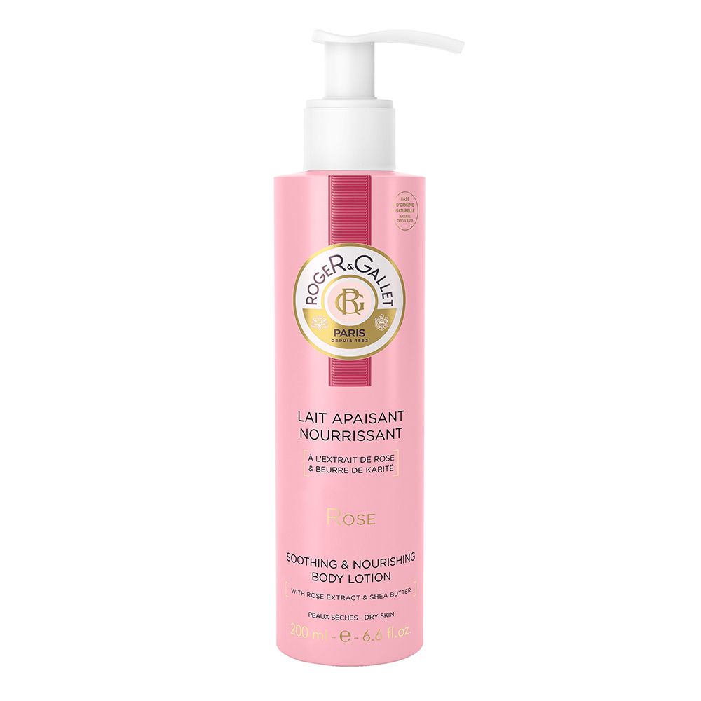 Rosa Körperlotion mit Dosierpumpe. Aufschrift: Roger & Gallet, Lait Apaisant Nourrissant, Rose, Soothing & Nourishing Body Lotion.