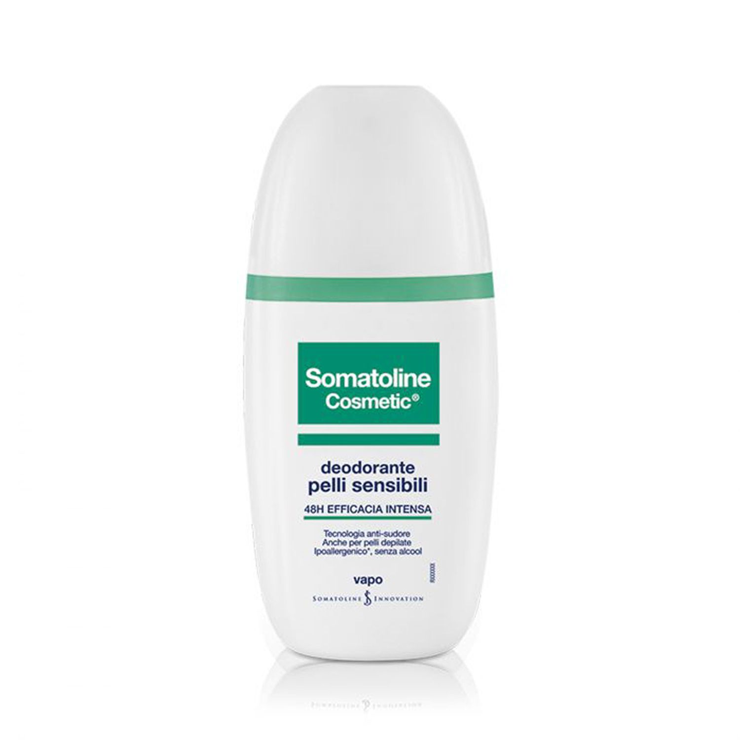 Roll-on déodorant blanc avec bande verte. Inscription: Somatoline Cosmetic, déodorant peaux sensibles, efficacité 48h.
